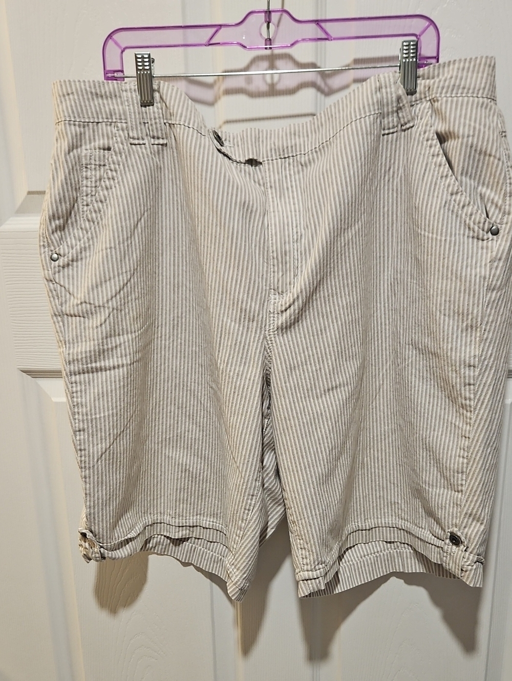 Gloria Vanderbilt Beige and White Pinstripe Bermuda Shorts